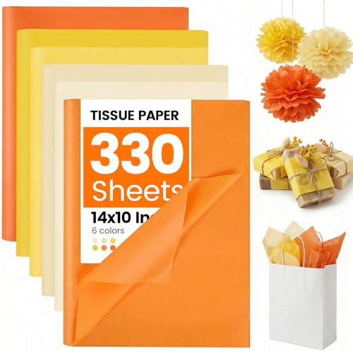 Koogel 330 Sheets Orange Yellow Tissue Paper, 14 x 10 Inch Tissue Paper Bulk 6 Colors for DIY Crafts Gift Wrapping Birthday Holidays Weddings Decor