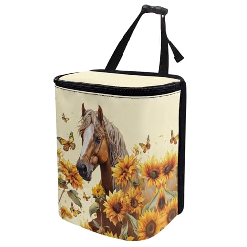 Image of Talayituse Horse Sunflower Butterfly Print Car Trash Can with Lid, Leak Proof Auto Trash Bag Hanging Vehicle Garbage Can Multipurpose Storage Container for Back Seat Road Trip