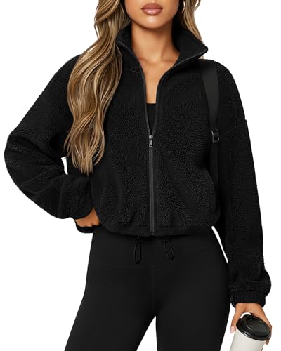 Riyiper Women's Fleece Jacket Cropped Zip Up Lightweight Sweatshirts Stand Collar Winter Sherpa Long Sleeve Coat 2025 Trendy(Black,Medium)