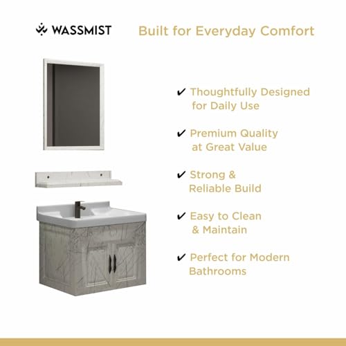 Image of WASSMIST Bathroom Vanity Washbasin Cabinet with Mirror & Shelf | Wall Mounted Wash Basin with Cabinet Full Set | Waterproof & Unbreakable (Cream)