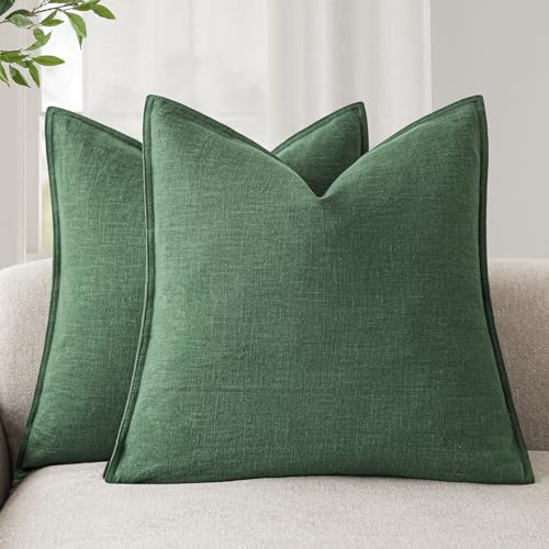 Foindtower Set of 2, Decorative Linen Solid Throw Pillow Covers Soft Accent Euro Cushion Case Farmhouse Neutral Pillowcase for Chair Couch Sofa Bedroom Living Room Home Decor 18 x 18 Inch Pine Green