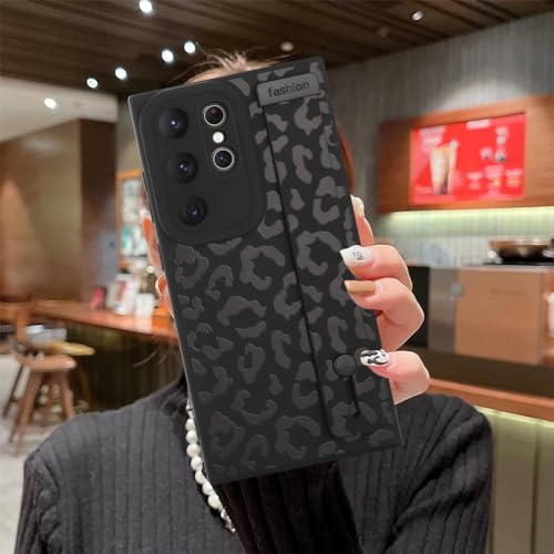Image of Compatible with Samsung Galaxy S23 Ultra Case with Strap Wrist Black | Cheetah Print Shockproof Soft TPU Protective Cover for Women Girls, Slim Anti Scratch Case 6.8 Inch, Black