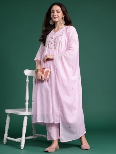 Image of INDO ERA Women's Pure Cotton Embroidered A-Line Kurta & Pant with Dupatta Set | Cotton kurta sets for women