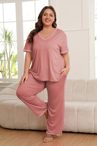 Image of Vozanet Women's Plus Size Pajama Sets Short Sleeve Long Pants Solid Color with Piping Trim Elegant Loungewear Cozy Sleepwear