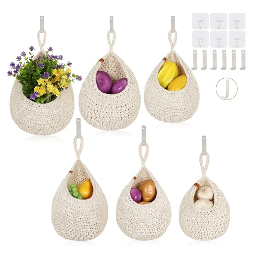 Hanging Fruit Baskets for Kitchen - 6 Pack Boho Wall