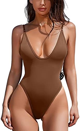 ESONLAR One Piece Swimsuits for Women Sleeveless Low Back Swimwear V Neck Bathing Suits Brown S