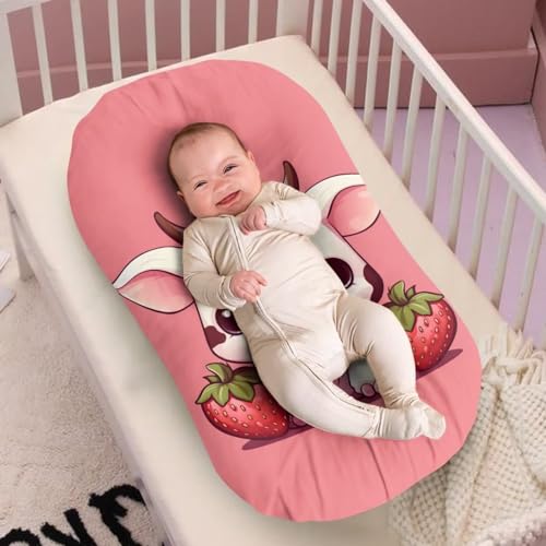 Image of ZOUTAIRONG Cow Strawberry Baby Bassinet Sheets Stretchy Soft for Oval Hourglass Rectangular Bassinet Mattress Pad Stylish Mattress for Baby Bassinet Mini Crib Sheets Pink