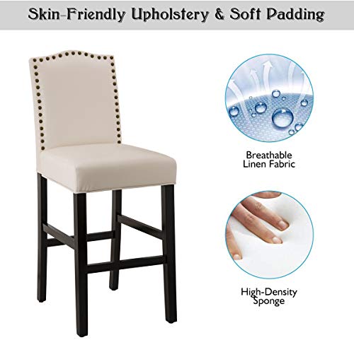 Glitzhome Bar Stools Set Of 2, 45" H White Bonded Leather Armless Barchair With High-Back Studded Solid Rubberwood Legs For Kitchen Island Breakfast Chair For Dining Room, Party Room & Restaurant #TOP6