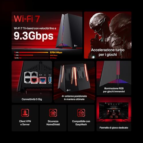 TP-Link Wi-Fi 7 Archer GE550 Router Gaming Tri-Band BE9300Mbps, 2 Porte 5Gbps, 3 Porte 2.5G, Canali 320MHz, 4K-QAM, Beamforming, HomeShield, Non Supporta xDSL - 3