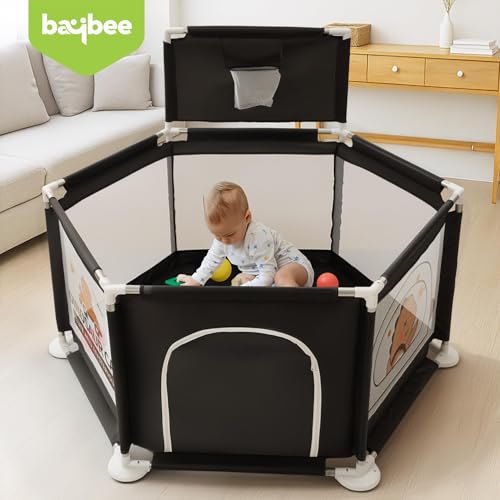 Image of Baybee Neo Plus Kids Playpen for Babies | Baby Play Area Indoor Setup with Hexagon shape for Extra Space | Baby Activity Playards with Basket Ball Hoop, Zipper Door & Corner Protection | Outdoor Play Pen for Baby up to 5 Years (Black)