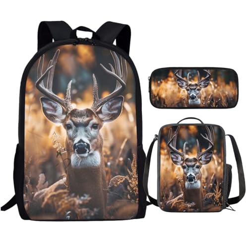 Xhuibop Camo Hunting Backpack for Boys 7-8 with Lunch Box Deer Book Bag with Lunchbox Set for Girls Middle School Bag and Lunch Bag Pencil Case Teenager Bookbag for 6th Grade Girls