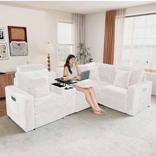 Image of RARZOE Modular Sectional Sofa with Power Recliner, 4-Seater L-Shaped Corduroy Reclining Couch with Storage Console Charging Cup Holders, Fluffy Recliner Sectional Couches for Living Room,White