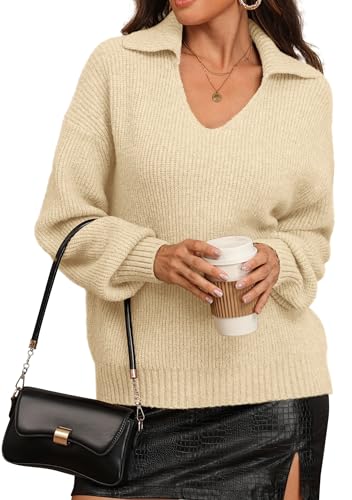 ATHMILE Sweaters for Women Fall Outfits 2025 Fashion Oversized V Neck Lapel Collar Knit Polo Shirts Pullover Sweater Tops