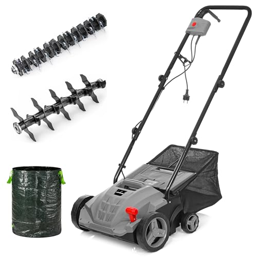 LEHMANN Scarificateur électrique 2-en-1, 1500 W, Largeur de Travail 32 cm, Réglage de Profondeur sur 4 Niveaux, 3000 TR/Min, Bac 30 L, Rouleaux à 20 Lames et...