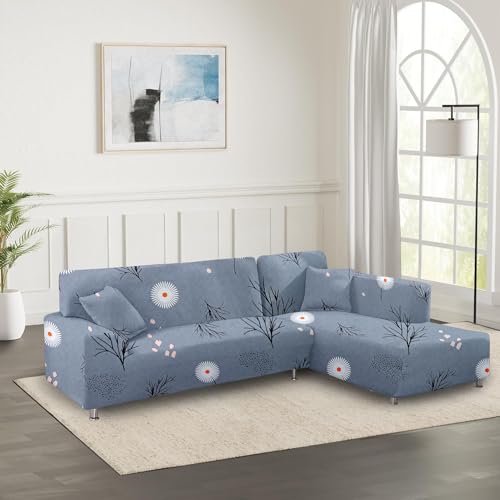 Image of Amazon Brand - Solimo L-Shaped Sofa Printed Slipcover | 2 Pieces Elastic Sofa Cover | High Density Stretch Fabric | Universal Fit (Grey)
