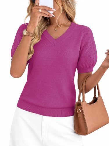 LaGracia Puff Short Sleeve Sweater for Women Summer Puff Sleeve Sweater Tops Spring V Neck Cauasl Dressy Shirts Cute 2026 Hot Pink 2XL