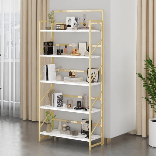 Image of JSB 6 Tier No Assembly Folding Bookshelf, 30.3 inch Wide Foldable Storage Bookcase for Home Office, Space-Saving Storage Shelf for Living Room (White&Gold)