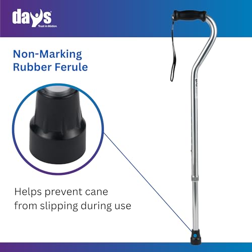 Days Standard Bariatric Offset Cane with Tall Height Adjustment, Bariatric Cane with Rubber Tip, Heavy Duty Walking Cane for Weight Bearing, Mobility Aid for Elderly, Silver with Black Handle