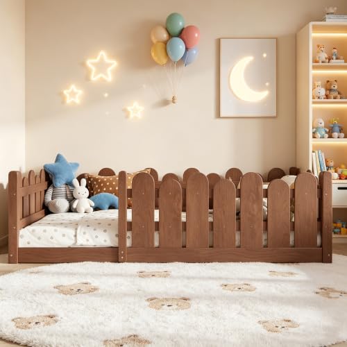 Image of Bellemave Twin Size Kids Montessori Floor Bed,Floor Bed Frame with Rounded Safety Guardrail,Solid Wood Montessori Bed for Girls Boys,Brown