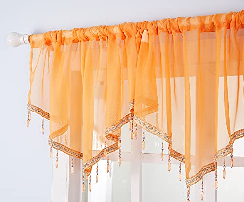 Swag Curtain 63 Inch Length, Rod Pocket Scalloped Curtain Valance Sheer Lace Panels With Hanging Crystal Beads For Farmhouse Kitchen Bedroom Window Treatments Drape Decor 1Pc(63Inch, Orange) #TOP1