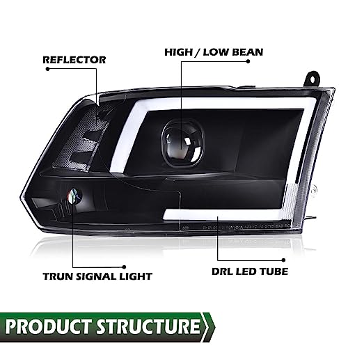 Image of GRAND ORANGE LED DRL Headlights Assembly Compatible with 2009-2012 Dodge Ram 1500 2500 3500 Projector Black Housing Headlights Assembly Clear lens Black Housing Clear Reflector