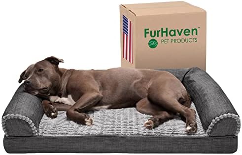 Furhaven Orthopedic Dog Bed for Large/Medium Dogs w/ Removable Bolsters & Washable Cover, For Dogs Up to 55 lbs - Luxe Faux Fur & Performance Linen Sofa - Charcoal, Large