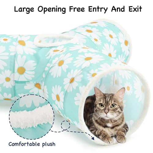 Image of Tempcore Cat Tunnel for Indoor Cats, 3 Way Collapsible Pet Play Tunnel with Teaser Wand, Peek Holes & Hanging Ball, Interactive Tube for Kittens & Rabbits, Daisy Blue Printed