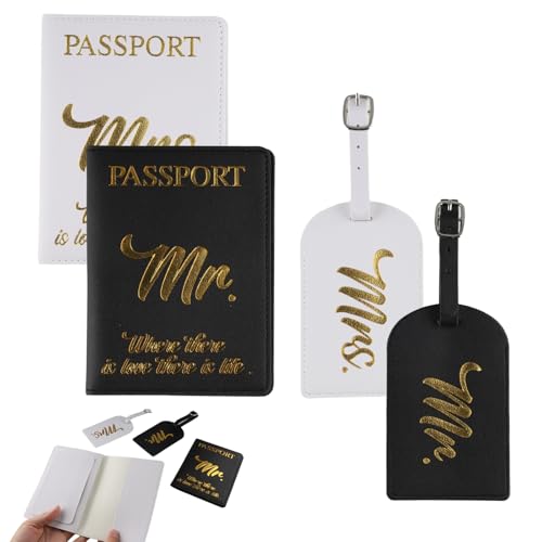 4 Pcs Mr and Mrs Passport Holder Luggage Tags Set, PU Leather Passport Covers Travel Gift for Bridal Wedding Honeymoon Couples