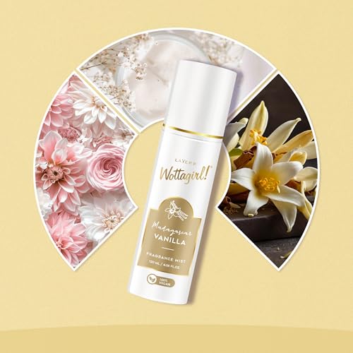 Image of Layer'r Wottagirl Madagascar Vanilla Fragrance Mist for Women 120ml | 100% Vegan | Warm Peach, Jasmine & Vanilla Scent | Long-Lasting Vegan Body Mist | Alcohol-Free | IFRA Certified