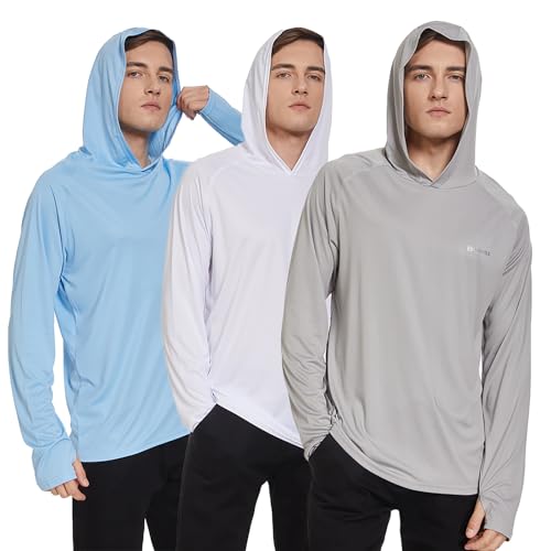 HUAKANG UPF 50+ Fishing Shirts for Men Long Sleeve UV Sun Protection Hoodie with Mask/Non-Mask Outdoor Hiking Shirts(0610-Blue White Grey-M)