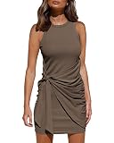 Picture of LILLUSORY Women Summer Tie Wrap Tank Short Mini Tshirt Dresses 2026 Trendy Spring Sun Vacation Outfits Casual Work Cute Bodycon Ruched Little T Shirt Sundress Clothes Coffee 2XL