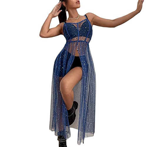 Women Sexy See Through Sheer Mesh Beach Cover Up Dress Sleeveless Maxi Glitter Sequin Split Bikini Dress Beachwear3
