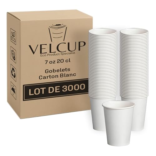 VELCUP Lot de 3000 gobelets jetables en carton blanc 7 oz (200 ml / 20 cl) – Poids renforcé 4,2 g par unité, résistants à la chaleur, idéals...