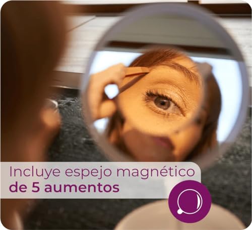 Beurer-Illuminated-5X-Vanity-and-Cosmetics-Mirror-Touch-Sensor-Surface-Storage-Tray-with-Portable-Magnetic-Magnifying-Makeup-Mirror-White-LED-Light-and-Dimmer-Cordless-360-Rotation-BS45