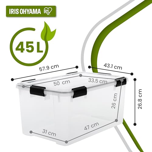 Iris Ohyama Luftdichte Kunststoff-Aufbewahrungsboxen mit Deckel, 45L, Transparent, Hermetischer wasserdichter Verschluss, Robuste Schnappverschlüsse, Stapelbar, Staubschutz, BPA-frei, WSB-45