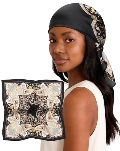 AWAYTR Chiffon Head Scarf for Women - 27.5' Lightweight Silk Feel Hair Scarf Bandanas Women Head Wrap Neck Scarf (Cashew - Black)