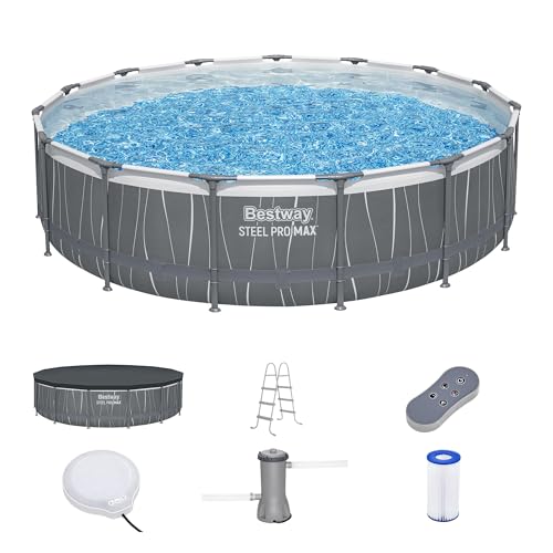 Bestway Steel Pro MAX 15' x 42' Above Ground Pool, Round Metal Frame Outdoor Swimming Pool Set with LED Light, Filter Pump, Ladder, & Cover, Dark Gray