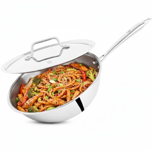 Image of Omichef Triply Stainless Steel Wok with Lid | 20 cm (1.9 L, 1.20 kg) | Induction Friendly | ISI Certified, 100% Pure & Toxin-Free, No Chemical Coating | 5 Year Warranty