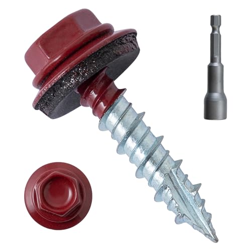 LIONMAX Metal Roofing Screws #10 × 1 Inch, 300-PCS, Dark Red Painted Hex Head Sheet Metal Roof Screws, Rubber Washer, Sharp Point, Metal to Wood Siding Screws, Hex Socket Included