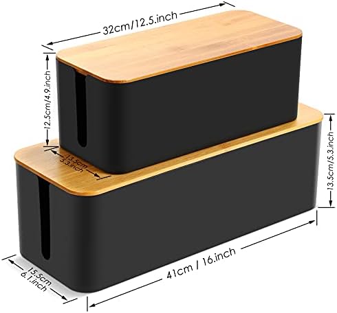 Cable Tidy Box, Larger Cables Organised Box, Set of 2 Cable Storage Box with Bamboo Lid for Hiding Messy Cables Wire Management 16"x 6.2"x 5.4" and 12.6"x 5.3"x 5.1"