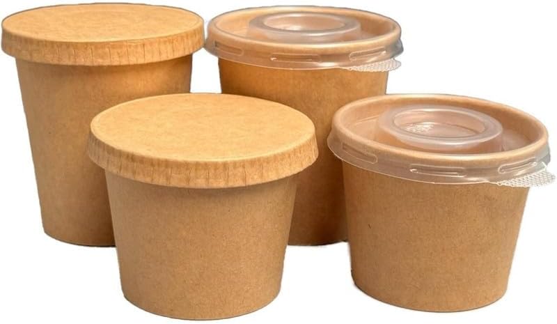We Can Source It Ltd - Kraft Paper Portion Pots 4oz โ Disposable Sauce Cups with Secure Kraft Paper Lids โ Ramekin Pots for Dip Dressings Sampling Catering and Takeaway Use โ Pack of 200