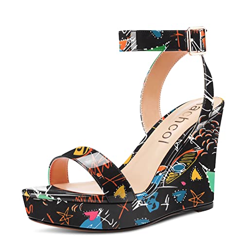 Image of Aachcol Women Platform Wedge Sandals Round Peep Open Toe Ankle Strap Slingback Two-Piece Chunky Block High Heel Dress Shoes Pumps Party Patent 4 Inch
