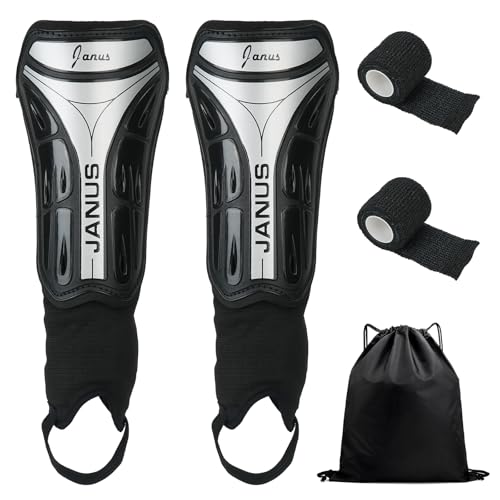 CxutSa 1 Par Espinilleras Negras 9x20cm Espinilleras con Tobillera, Vendas Elásticas y Bolsillos con Cordón Protector Futbol para Niños Jóvenes Adultos