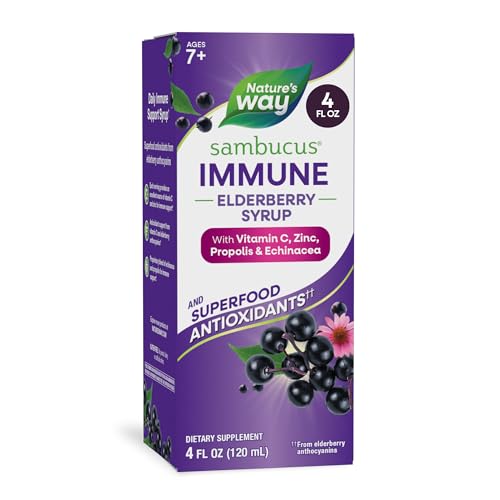 Nature's Way Sambucus Immune Elderberry Syrup, Elderberry Extract, Vitamin C, Zinc, Echinacea, Propolis, Daily Immune Support*, Superfood Antioxidants(1), Gluten Free, 8 Fl Oz (Packaging May Vary)
