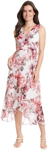 London Times Women's Sleeveless Ruffle Detail Faux Wrap Tie Midi ...