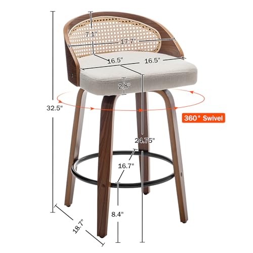 Image of 24.8 inch Swivel Rattan Bar Stools Set of 3,Mid-Century Modern Beige Linen Fabric Upholstered Counter Height Stools,Kitchen Island Barstools with Rattan Low Backrest,Walnut Wood Finish Bar Chair
