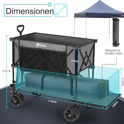 Sekey XXXXL Bollerwagen Faltbar 350L mit Extra Breite Reifen 17x10cm, Faltbarer Bollerwagen Strandwagen Transportwagen Zusammenfaltbar aus 4 Richtungen, 4XL-Doppel 4021, Grau – Bild 5