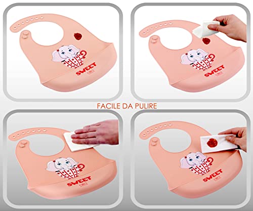 FIFTYSEVENFACES Bavaglino Silicone con Tasca Raccoglipappa Impermeabile, Set di 2 Bavaglini Pappa Svezzamento Bambine, Senza BPA, Bavette per Neonati Morbide e Regolabili in 7 Posizioni, Lavabili