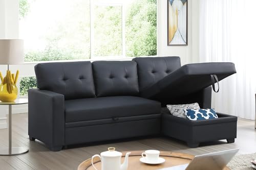 LINKHOO 82 Inch Convertible Sleeper Sectional Sofa with Storage Chaise & Pull-Out Bed, Faux Leather Upholstered Reversible Corner Couch, Modular L Shaped Couches for Living Room, Home Furniture, Black