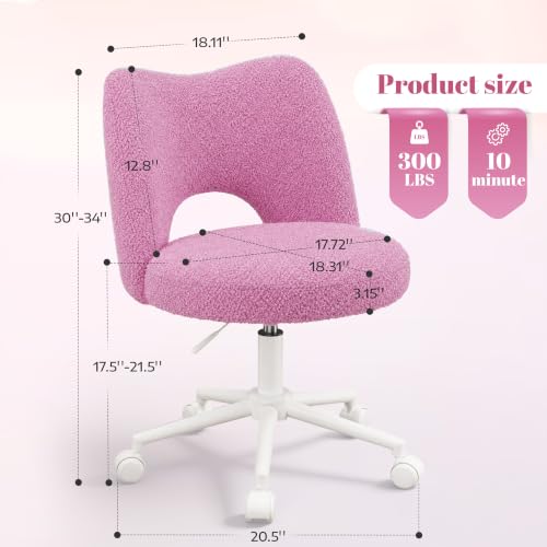 Image of DurayLoly Vanity Chair with Wheels & Open Back,Light Purple | Soft Teddy Fabric, Armless, 6 inch Thick Cushion, Height Adjustable, 300 lbs, 360 Swivel for Vanity Table, Home Office